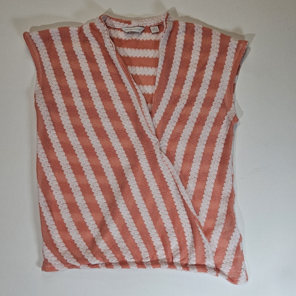 New York & Company Wrap Blouse Womens XS Coral White Stripe Sleeveless Beach Top